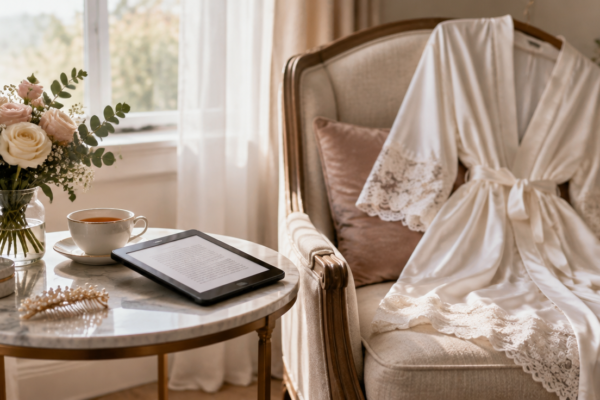 Halat de mireasă pe un scaun, o tabletă cu o pagină de ebook lângă o ceașcă de ceai și un buchet mic, la lumina dimineții de lângă fereastră