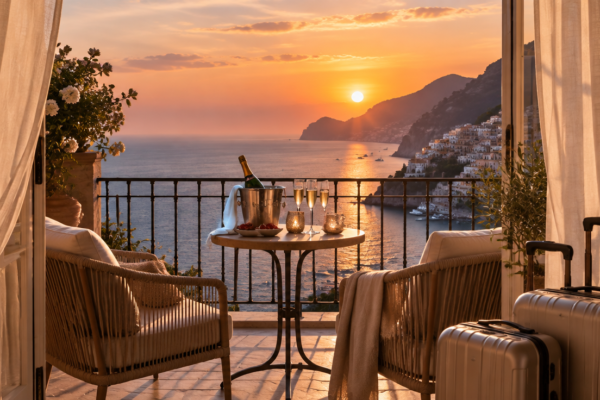 Balcon romantic cu vedere la mare la apus, o sticlă de șampanie cu două pahare pe o măsuță, două valize și perdele de in