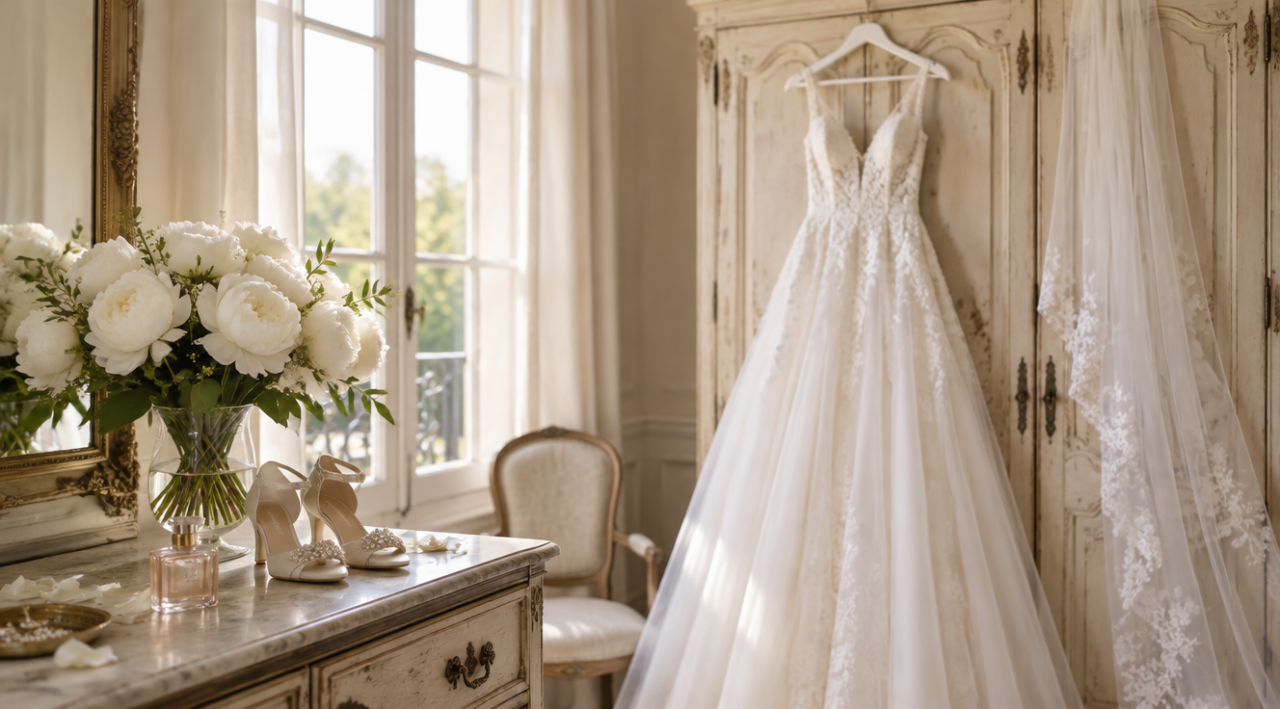 Rochie de mireasă albă agățată pe o ușă de dulap vintage, un buchet de bujori albi, văl, pantofi delicați și un parfum pe o comodă, la lumina dimineții