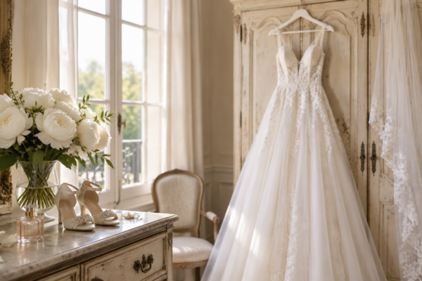 Rochie de mireasă albă agățată pe o ușă de dulap vintage, un buchet de bujori albi, văl, pantofi delicați și un parfum pe o comodă, la lumina dimineții