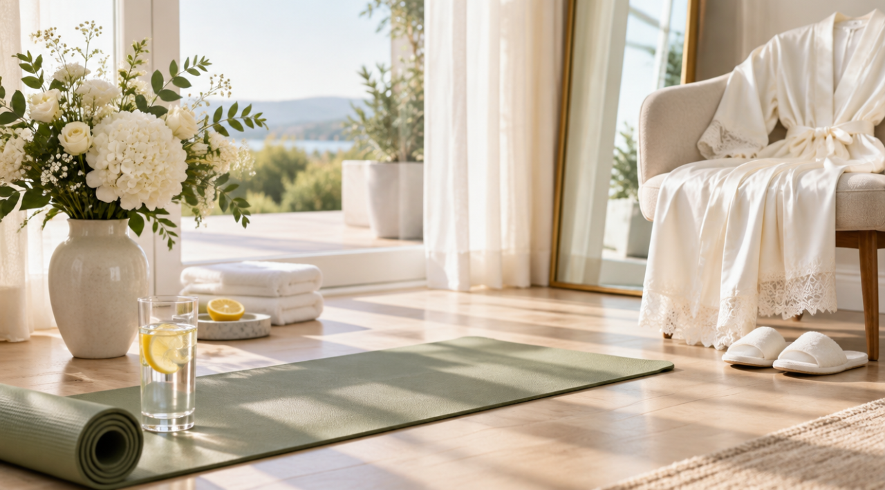 Covoraș de yoga și pahar cu apă cu lămâie lângă o vază cu flori albe și un halat de mireasă pe un scaun, într-o cameră luminoasă și aerisită