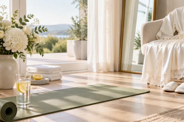 Covoraș de yoga și pahar cu apă cu lămâie lângă o vază cu flori albe și un halat de mireasă pe un scaun, într-o cameră luminoasă și aerisită