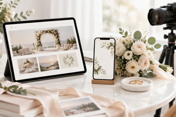 Tabletă cu un site elegant de nuntă, un smartphone cu invitație florală, un aparat foto pe trepied, un buchet și două inele pe o masă albă luminoasă